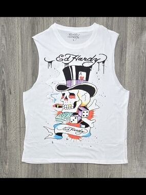 Ed Hardy White Tank Top with Colorful Skull & Top Hat Graphic
